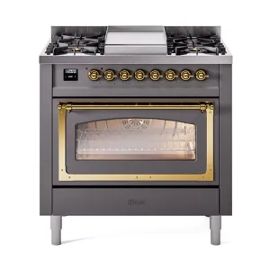 Ilve UN36FNMPMGG Ilve Un36Fnmpmgg Nostalgie Ii Noblesse 36" Dual Fuel Range (Natural Gas, Triple Glass Door, Graphite Matte, Brass) Freestanding Ranges freestanding dual fuel range 30 inch