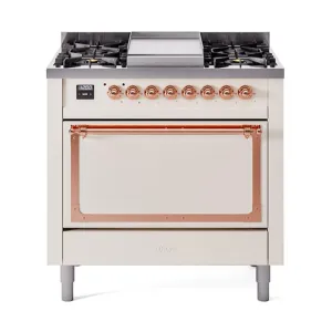 Ilve UN36FQNMPAWP Ilve Un36Fqnmpawp Nostalgie Ii Noblesse 36" Dual Fuel Range (Natural Gas, Solid Door, Antique White, Copper) Freestanding Ranges freestanding dual fuel range 30 inch