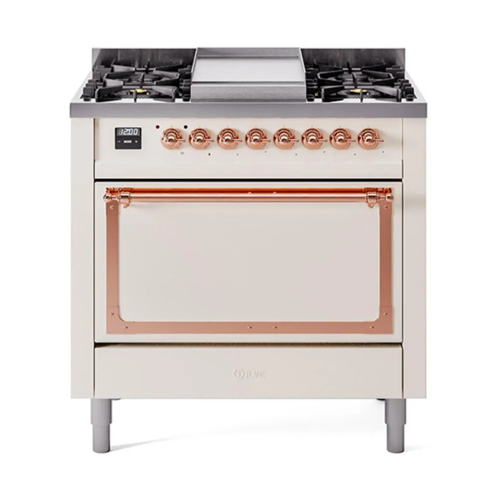 Ilve UN36FQNMPAWP Ilve Un36Fqnmpawp Nostalgie Ii Noblesse 36" Dual Fuel Range (Natural Gas, Solid Door, Antique White, Copper) Freestanding Ranges freestanding dual fuel range 30 inch