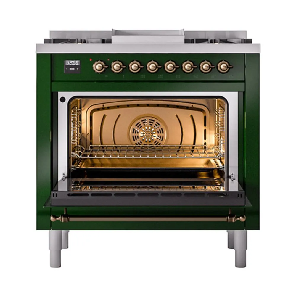 Ilve UN36FQNMPEGBLP Ilve Un36Fqnmpegblp Nostalgie Ii Noblesse 36" Dual Fuel Range (Liquid Propane, Solid Door, Emerald Green, Burnished)