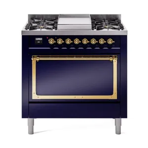 Ilve UN36FQNMPMBGLP Ilve Un36Fqnmpmbglp Nostalgie Ii Noblesse 36" Dual Fuel Range (Liquid Propane, Solid Door, Midnight Blue, Brass) Freestanding Ranges freestanding dual fuel range 30 inch