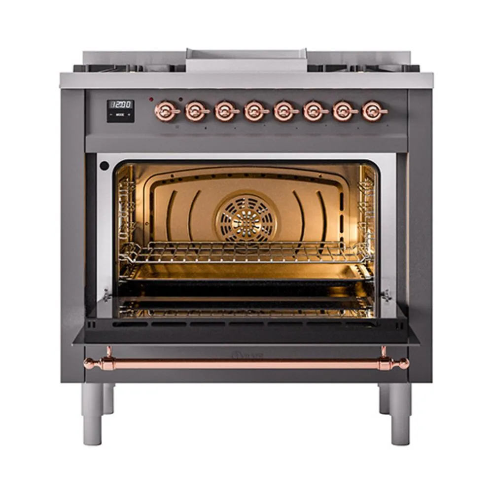 Ilve UN36FQNMPMGPLP Ilve Un36Fqnmpmgplp Nostalgie Ii Noblesse 36" Dual Fuel Range (Liquid Propane, Solid Door, Graphite Matte, Copper)