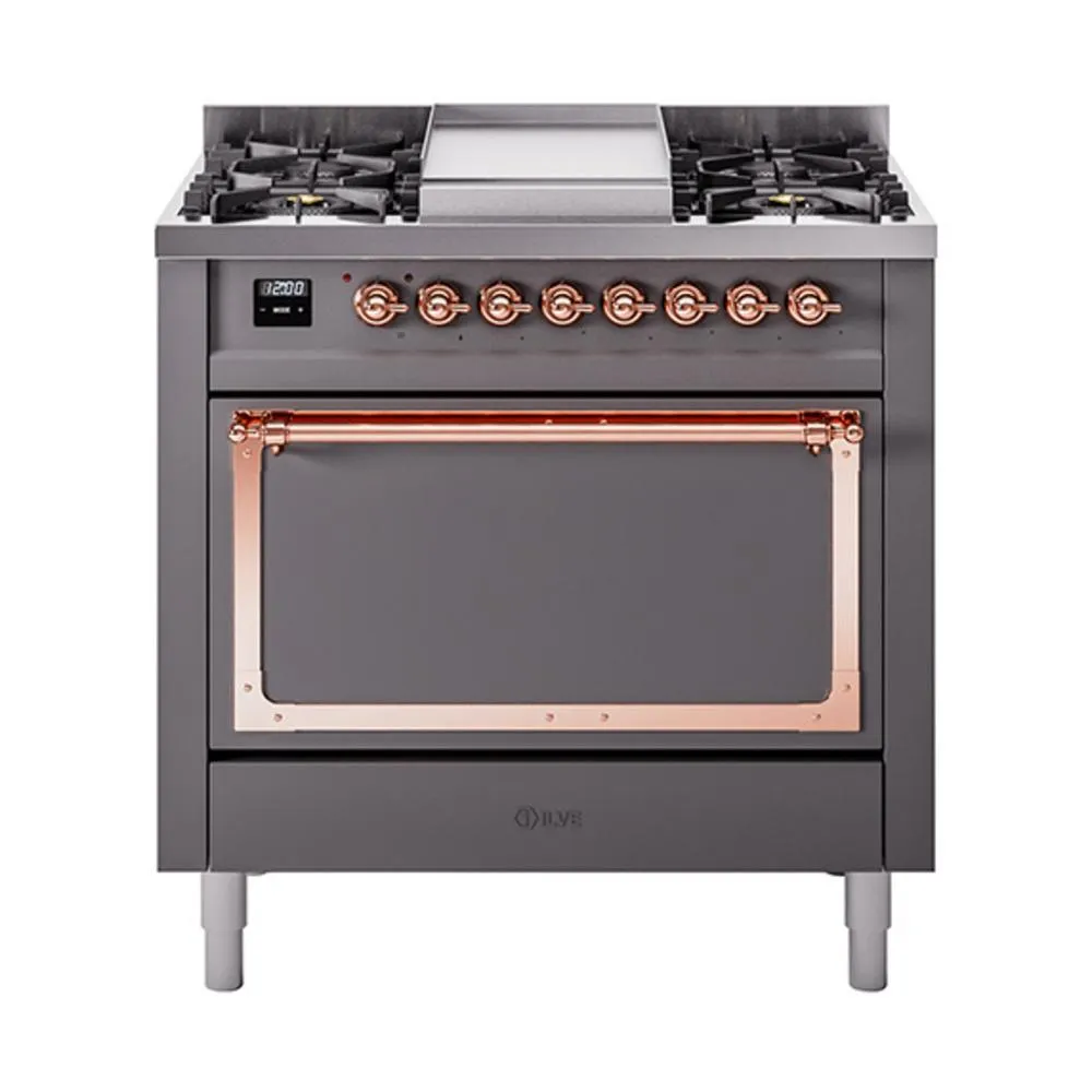 Ilve UN36FQNMPMGPLP Ilve Un36Fqnmpmgplp Nostalgie Ii Noblesse 36" Dual Fuel Range (Liquid Propane, Solid Door, Graphite Matte, Copper) Freestanding Ranges freestanding dual fuel range 30 inch