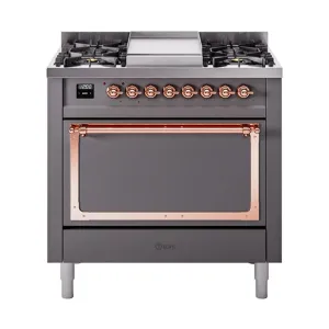 Ilve UN36FQNMPMGPLP Ilve Un36Fqnmpmgplp Nostalgie Ii Noblesse 36" Dual Fuel Range (Liquid Propane, Solid Door, Graphite Matte, Copper) Freestanding Ranges freestanding dual fuel range 30 inch