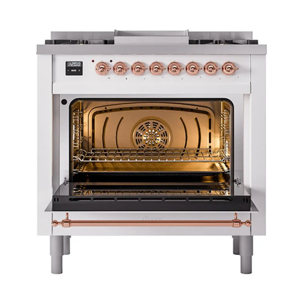 Ilve UN36FQNMPWHP Ilve Un36Fqnmpwhp Nostalgie Ii Noblesse 36" Dual Fuel Range (Natural Gas, Solid Door, White, Copper)