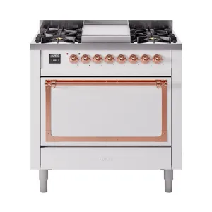 Ilve UN36FQNMPWHP Ilve Un36Fqnmpwhp Nostalgie Ii Noblesse 36" Dual Fuel Range (Natural Gas, Solid Door, White, Copper) Freestanding Ranges freestanding dual fuel range 30 inch
