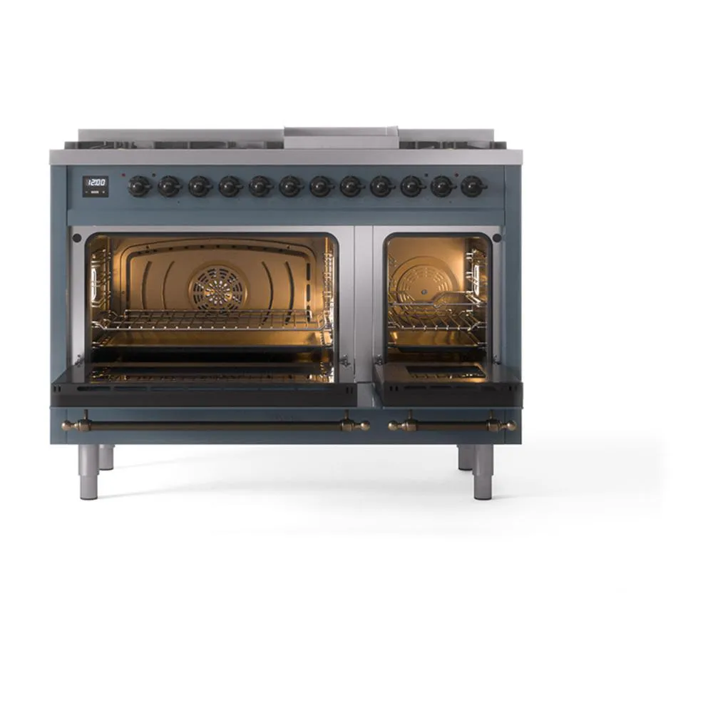 Ilve UN48FNMPBGB Ilve Un48Fnmpbgb Nostalgie Ii Noblesse 48" Dual Fuel Range (8 Sealed Burners   Griddle, Natural Gas, Triple Glass Door, Blue Grey, Burnished)
