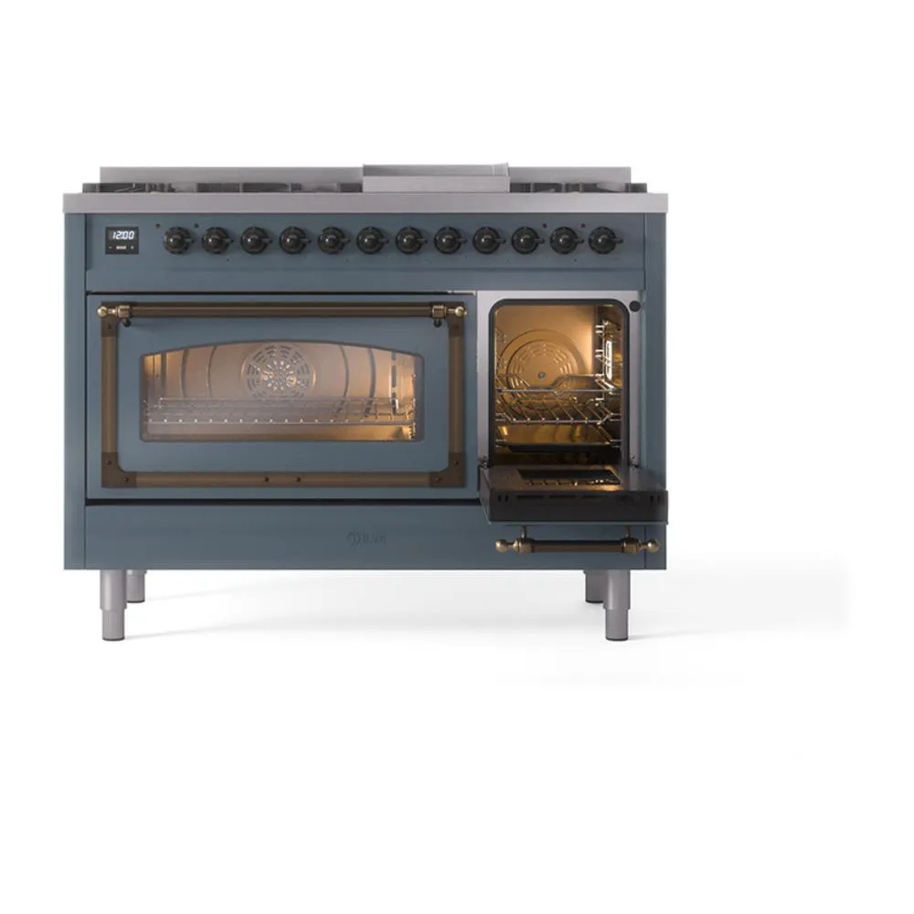 Ilve UN48FNMPBGB Ilve Un48Fnmpbgb Nostalgie Ii Noblesse 48" Dual Fuel Range (8 Sealed Burners   Griddle, Natural Gas, Triple Glass Door, Blue Grey, Burnished)