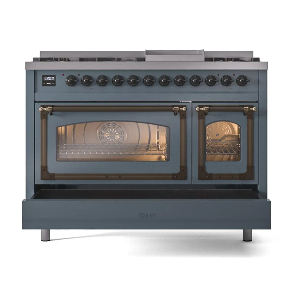 Ilve UN48FNMPBGB Ilve Un48Fnmpbgb Nostalgie Ii Noblesse 48" Dual Fuel Range (8 Sealed Burners   Griddle, Natural Gas, Triple Glass Door, Blue Grey, Burnished)
