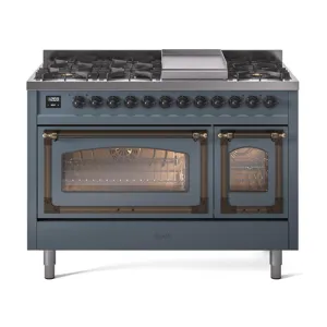 Ilve UN48FNMPBGB Ilve Un48Fnmpbgb Nostalgie Ii Noblesse 48" Dual Fuel Range (8 Sealed Burners   Griddle, Natural Gas, Triple Glass Door, Blue Grey, Burnished) Freestanding Ranges freestanding dual fuel range 30 inch