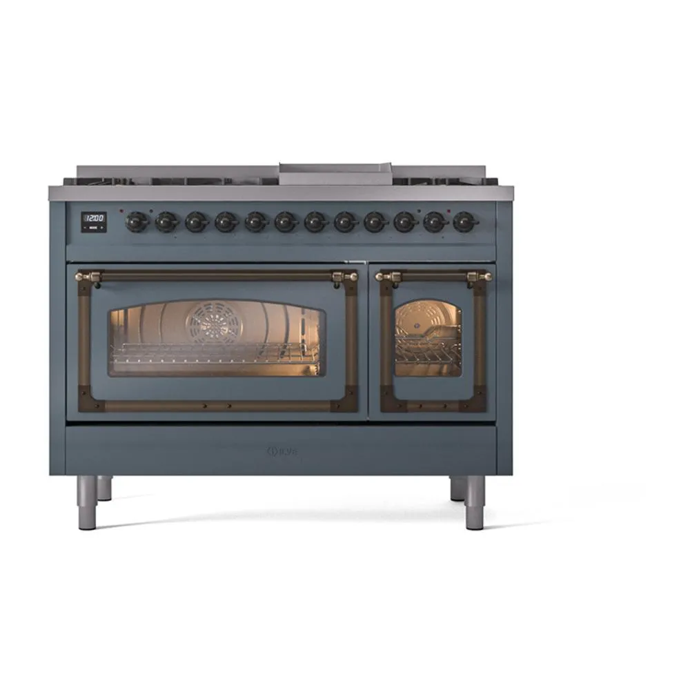 Ilve UN48FNMPBGB Ilve Un48Fnmpbgb Nostalgie Ii Noblesse 48" Dual Fuel Range (8 Sealed Burners   Griddle, Natural Gas, Triple Glass Door, Blue Grey, Burnished)