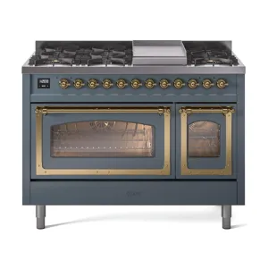 Ilve UN48FNMPBGGLP Ilve Un48Fnmpbgglp Nostalgie Ii Noblesse 48" Dual Fuel Range (8 Sealed Burners   Griddle, Liquid Propane, Triple Glass Door, Blue Grey, Brass) Freestanding Ranges freestanding dual fuel range 30 inch