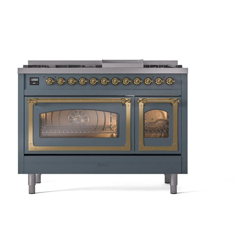 Ilve UN48FNMPBGGLP Ilve Un48Fnmpbgglp Nostalgie Ii Noblesse 48" Dual Fuel Range (8 Sealed Burners   Griddle, Liquid Propane, Triple Glass Door, Blue Grey, Brass)