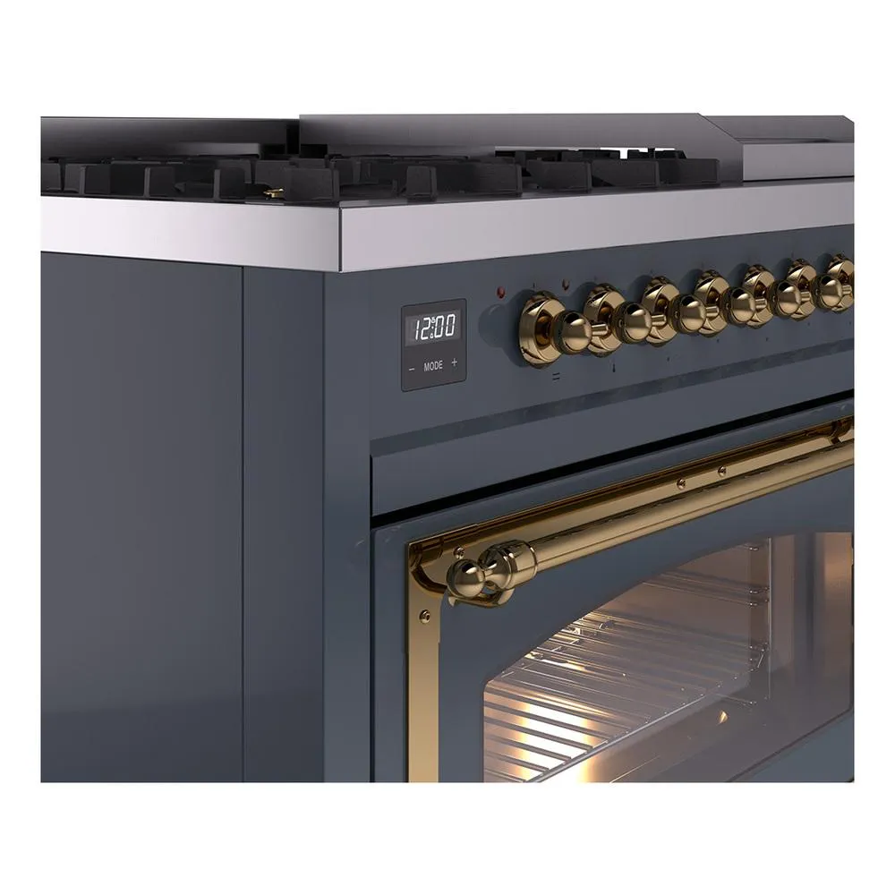 Ilve UN48FNMPBGGLP Ilve Un48Fnmpbgglp Nostalgie Ii Noblesse 48" Dual Fuel Range (8 Sealed Burners   Griddle, Liquid Propane, Triple Glass Door, Blue Grey, Brass)
