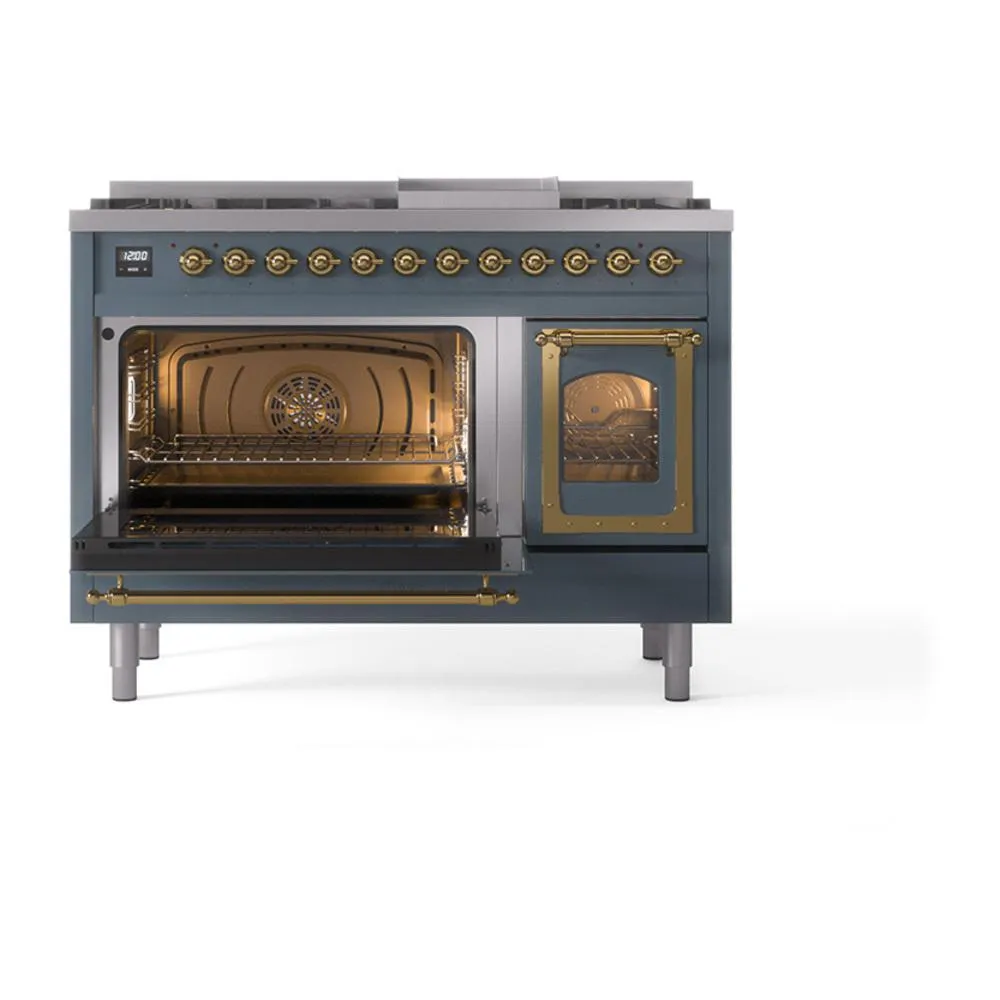 Ilve UN48FNMPBGGLP Ilve Un48Fnmpbgglp Nostalgie Ii Noblesse 48" Dual Fuel Range (8 Sealed Burners   Griddle, Liquid Propane, Triple Glass Door, Blue Grey, Brass)