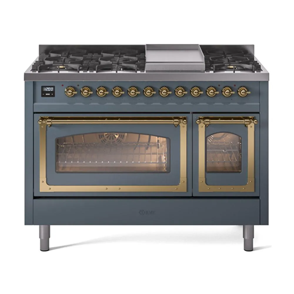 Ilve UN48FNMPBGGLP Ilve Un48Fnmpbgglp Nostalgie Ii Noblesse 48" Dual Fuel Range (8 Sealed Burners   Griddle, Liquid Propane, Triple Glass Door, Blue Grey, Brass) Freestanding Ranges freestanding dual fuel range 30 inch