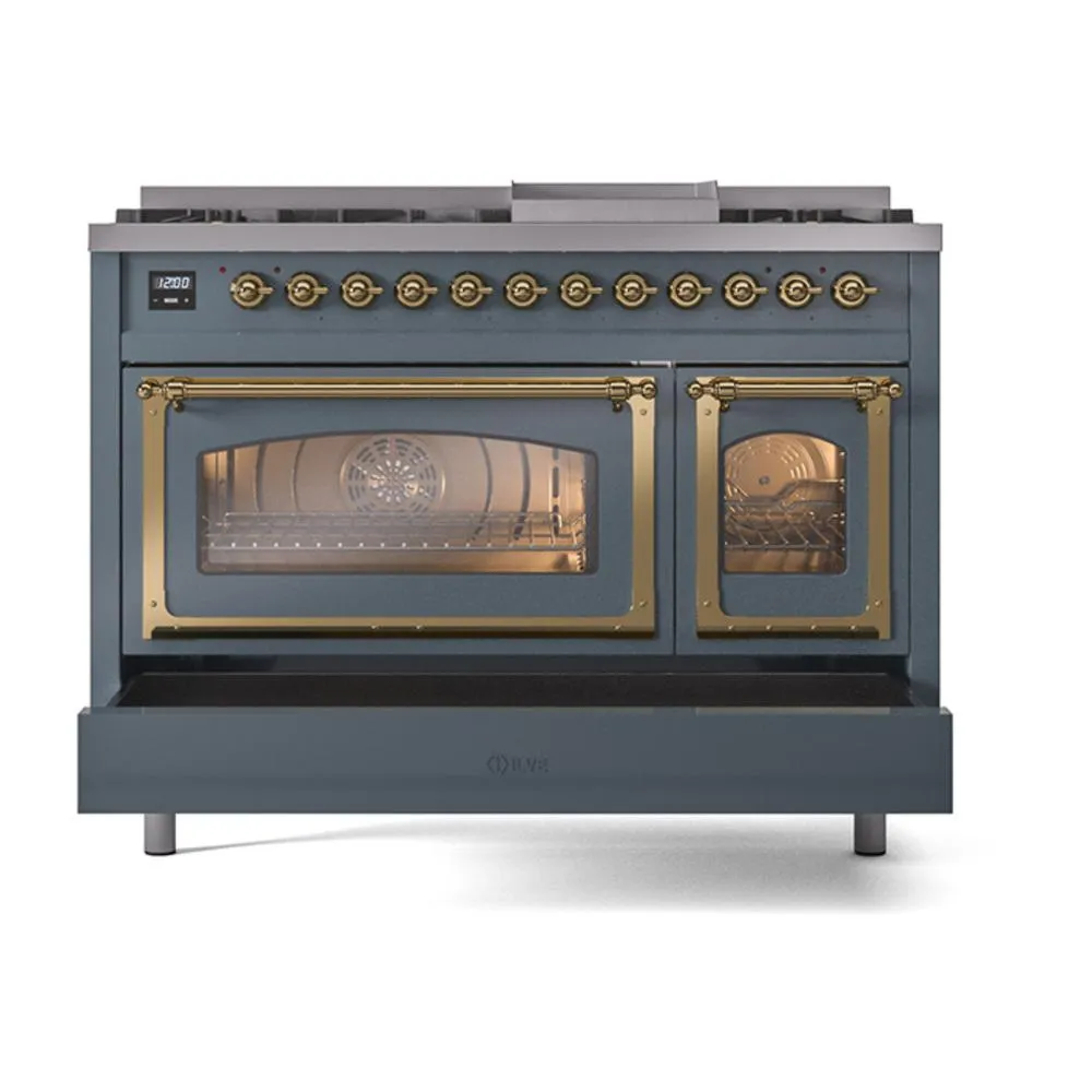 Ilve UN48FNMPBGGLP Ilve Un48Fnmpbgglp Nostalgie Ii Noblesse 48" Dual Fuel Range (8 Sealed Burners   Griddle, Liquid Propane, Triple Glass Door, Blue Grey, Brass)