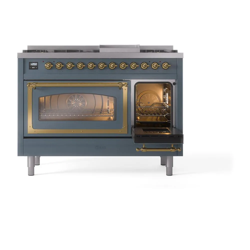 Ilve UN48FNMPBGGLP Ilve Un48Fnmpbgglp Nostalgie Ii Noblesse 48" Dual Fuel Range (8 Sealed Burners   Griddle, Liquid Propane, Triple Glass Door, Blue Grey, Brass)