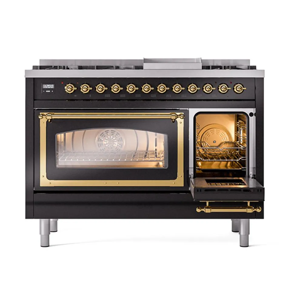 Ilve UN48FNMPBKG Ilve Un48Fnmpbkg Nostalgie Ii Noblesse 48" Dual Fuel Range (8 Sealed Burners   Griddle, Natural Gas, Triple Glass Door, Glossy Black, Brass)