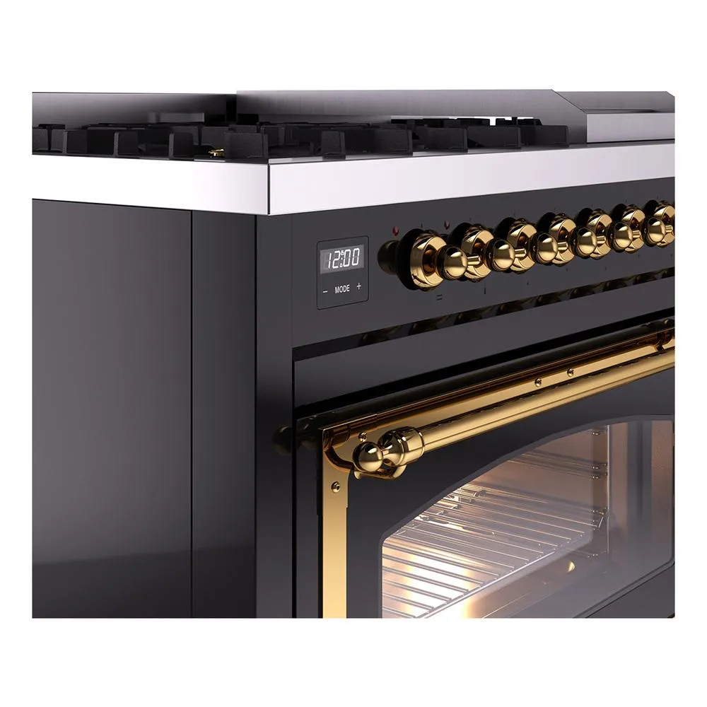 Ilve UN48FNMPBKG Ilve Un48Fnmpbkg Nostalgie Ii Noblesse 48" Dual Fuel Range (8 Sealed Burners   Griddle, Natural Gas, Triple Glass Door, Glossy Black, Brass)