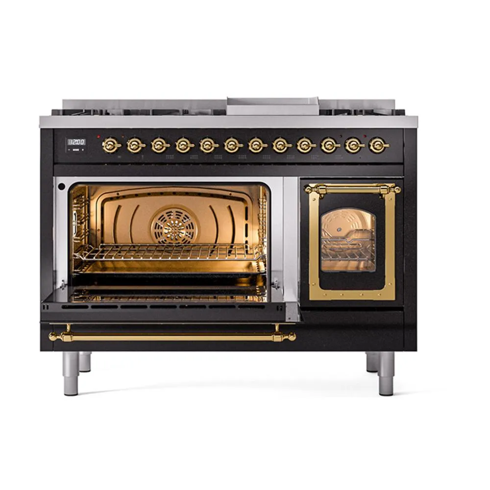 Ilve UN48FNMPBKG Ilve Un48Fnmpbkg Nostalgie Ii Noblesse 48" Dual Fuel Range (8 Sealed Burners   Griddle, Natural Gas, Triple Glass Door, Glossy Black, Brass)