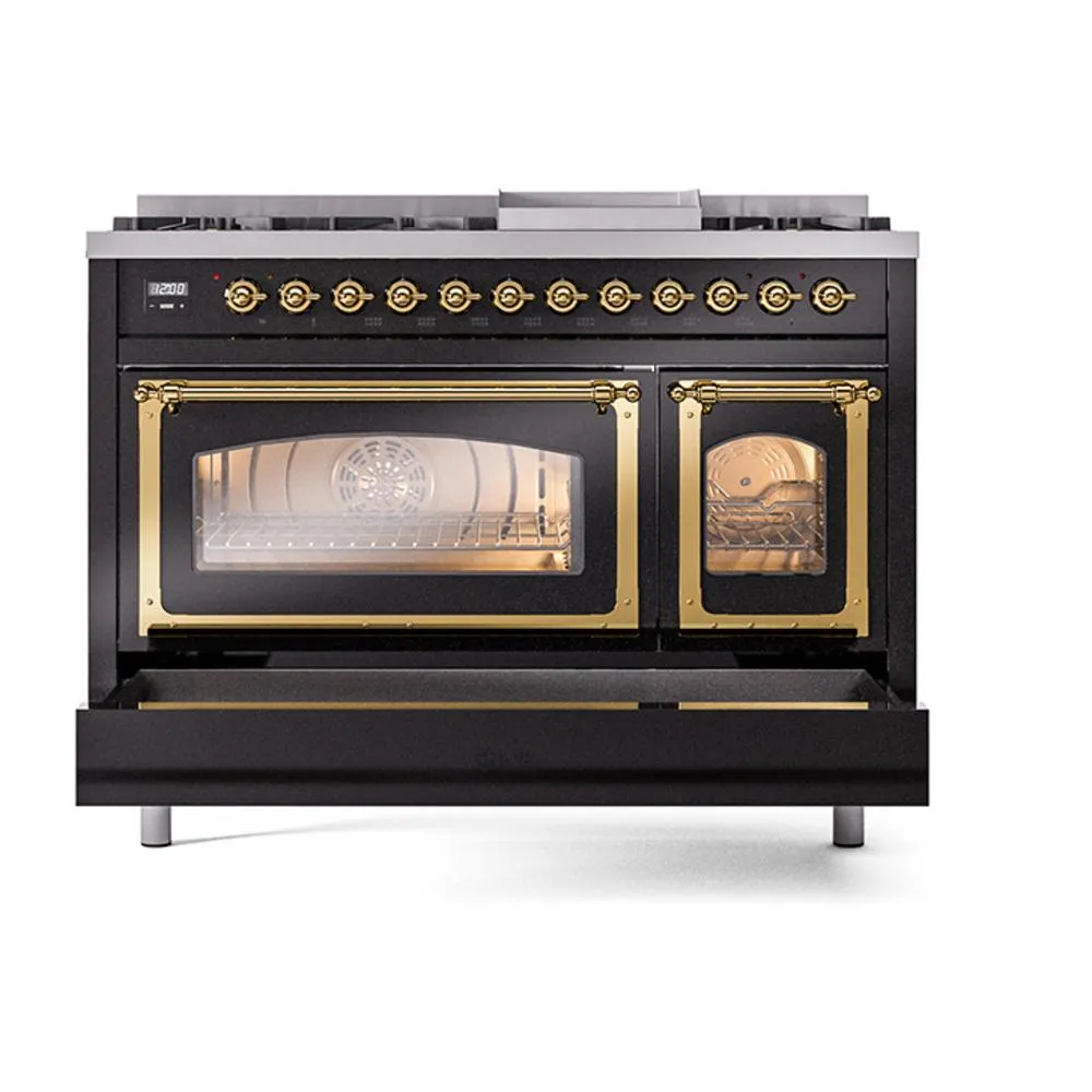 Ilve UN48FNMPBKG Ilve Un48Fnmpbkg Nostalgie Ii Noblesse 48" Dual Fuel Range (8 Sealed Burners   Griddle, Natural Gas, Triple Glass Door, Glossy Black, Brass)