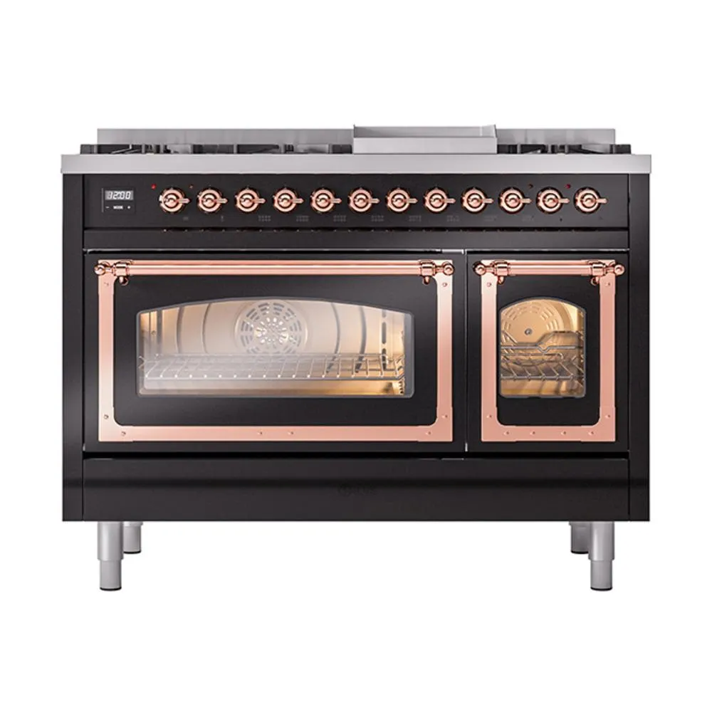 Ilve UN48FNMPBKPLP Ilve Un48Fnmpbkplp Nostalgie Ii Noblesse 48" Dual Fuel Range (8 Sealed Burners   Griddle, Liquid Propane, Triple Glass Door, Glossy Black, Copper)