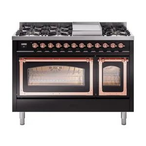 Ilve UN48FNMPBKPLP Ilve Un48Fnmpbkplp Nostalgie Ii Noblesse 48" Dual Fuel Range (8 Sealed Burners   Griddle, Liquid Propane, Triple Glass Door, Glossy Black, Copper) Freestanding Ranges freestanding dual fuel range 30 inch
