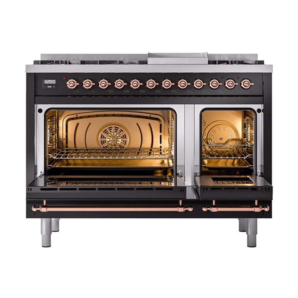 Ilve UN48FNMPBKPLP Ilve Un48Fnmpbkplp Nostalgie Ii Noblesse 48" Dual Fuel Range (8 Sealed Burners   Griddle, Liquid Propane, Triple Glass Door, Glossy Black, Copper)