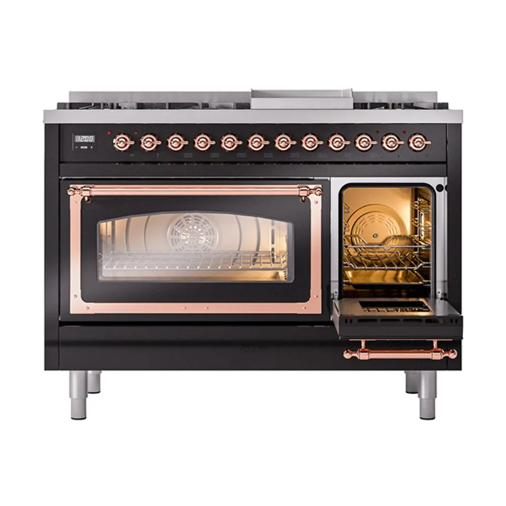 Ilve UN48FNMPBKPLP Ilve Un48Fnmpbkplp Nostalgie Ii Noblesse 48" Dual Fuel Range (8 Sealed Burners   Griddle, Liquid Propane, Triple Glass Door, Glossy Black, Copper)