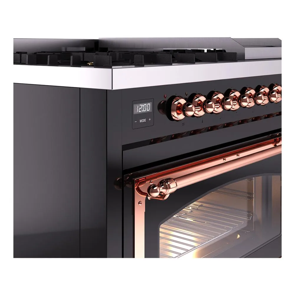 Ilve UN48FNMPBKPLP Ilve Un48Fnmpbkplp Nostalgie Ii Noblesse 48" Dual Fuel Range (8 Sealed Burners   Griddle, Liquid Propane, Triple Glass Door, Glossy Black, Copper)