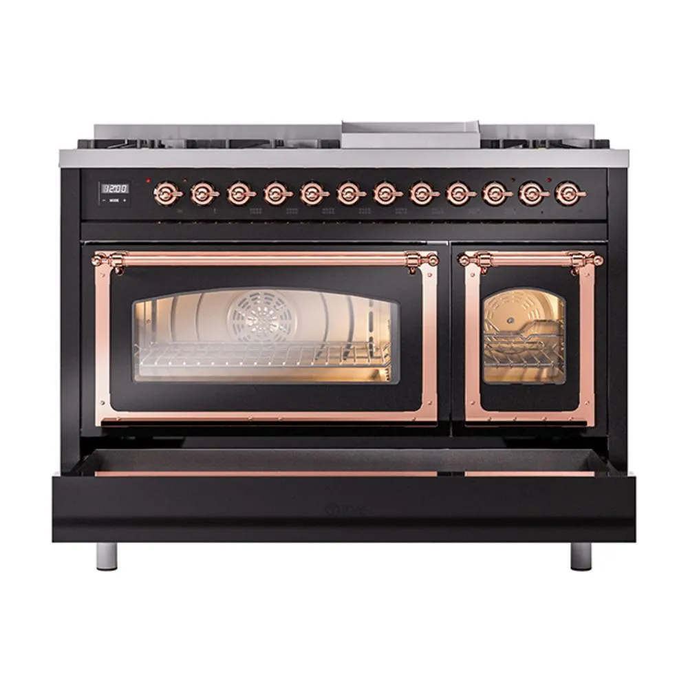 Ilve UN48FNMPBKPLP Ilve Un48Fnmpbkplp Nostalgie Ii Noblesse 48" Dual Fuel Range (8 Sealed Burners   Griddle, Liquid Propane, Triple Glass Door, Glossy Black, Copper)