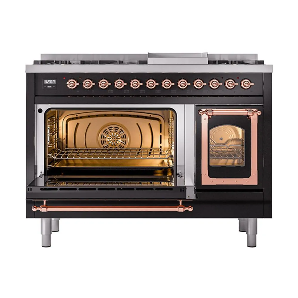 Ilve UN48FNMPBKPLP Ilve Un48Fnmpbkplp Nostalgie Ii Noblesse 48" Dual Fuel Range (8 Sealed Burners   Griddle, Liquid Propane, Triple Glass Door, Glossy Black, Copper)