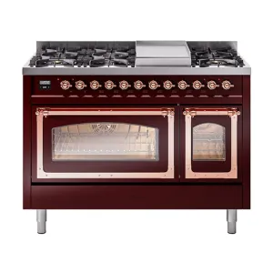 Ilve UN48FNMPBUP Ilve Un48Fnmpbup Nostalgie Ii Noblesse 48" Dual Fuel Range (8 Sealed Burners   Griddle, Natural Gas, Triple Glass Door, Burgundy, Copper) Freestanding Ranges freestanding dual fuel range 30 inch