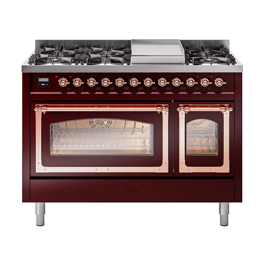 Ilve UN48FNMPBUP Ilve Un48Fnmpbup Nostalgie Ii Noblesse 48" Dual Fuel Range (8 Sealed Burners   Griddle, Natural Gas, Triple Glass Door, Burgundy, Copper) Freestanding Ranges freestanding dual fuel range 30 inch
