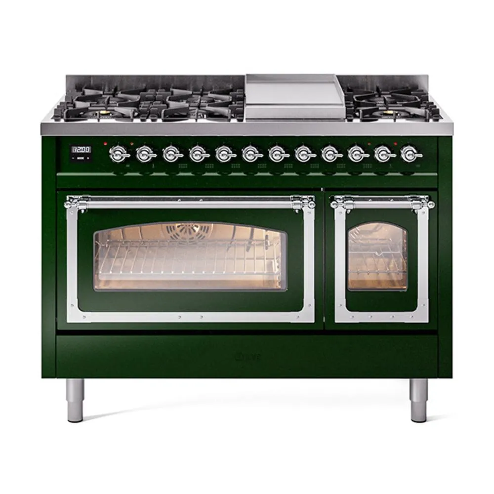 Ilve UN48FNMPEGC Ilve Un48Fnmpegc Nostalgie Ii Noblesse 48" Dual Fuel Range (8 Sealed Burners   Griddle, Natural Gas, Triple Glass Door, Emerald Green, Chrome) Freestanding Ranges freestanding dual fuel range 30 inch