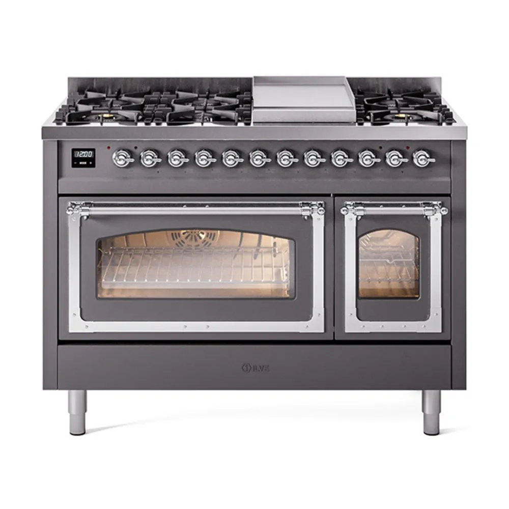Ilve UN48FNMPMGC Ilve Un48Fnmpmgc Nostalgie Ii Noblesse 48" Dual Fuel Range (8 Sealed Burners   Griddle, Natural Gas, Triple Glass Door, Graphite Matte, Chrome) Freestanding Ranges freestanding dual fuel range 30 inch