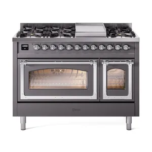Ilve UN48FNMPMGC Ilve Un48Fnmpmgc Nostalgie Ii Noblesse 48" Dual Fuel Range (8 Sealed Burners   Griddle, Natural Gas, Triple Glass Door, Graphite Matte, Chrome) Freestanding Ranges freestanding dual fuel range 30 inch