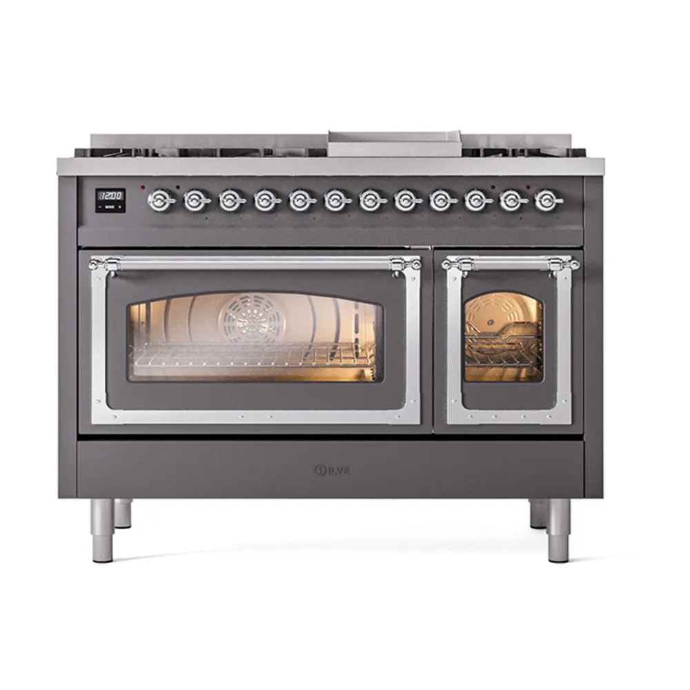 Ilve UN48FNMPMGC Ilve Un48Fnmpmgc Nostalgie Ii Noblesse 48" Dual Fuel Range (8 Sealed Burners   Griddle, Natural Gas, Triple Glass Door, Graphite Matte, Chrome)