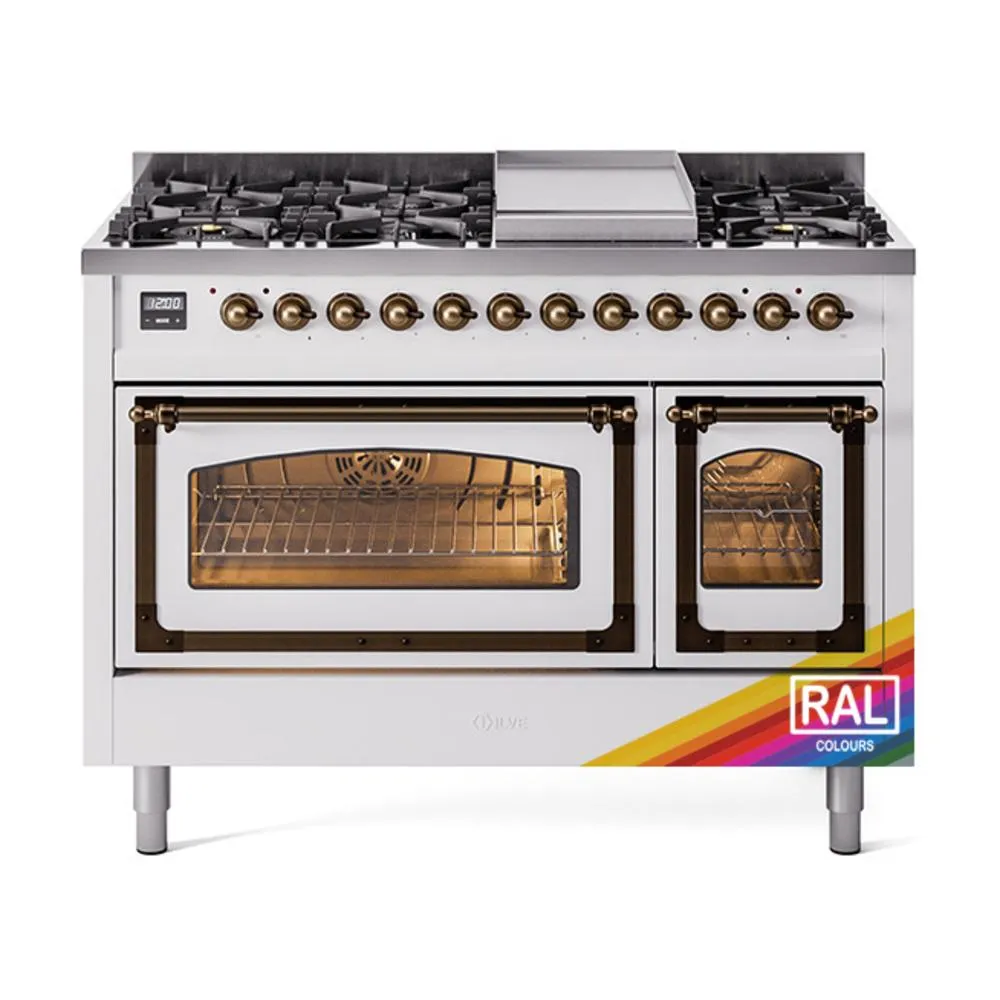 Ilve UN48FNMPRABLP Ilve Un48Fnmprablp Nostalgie Ii Noblesse 48" Dual Fuel Range (8 Sealed Burners   Griddle, Liquid Propane, Triple Glass Door, Ral, Burnished) Freestanding Ranges freestanding dual fuel range 30 inch