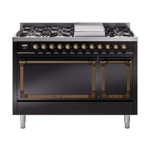 Ilve UN48FQNMPBKBLP Ilve Un48Fqnmpbkblp Nostalgie Ii Noblesse 48" Dual Fuel Range (8 Sealed Burners   Griddle, Liquid Propane, Solid Door, Glossy Black, Burnished) Freestanding Ranges freestanding dual fuel range 30 inch