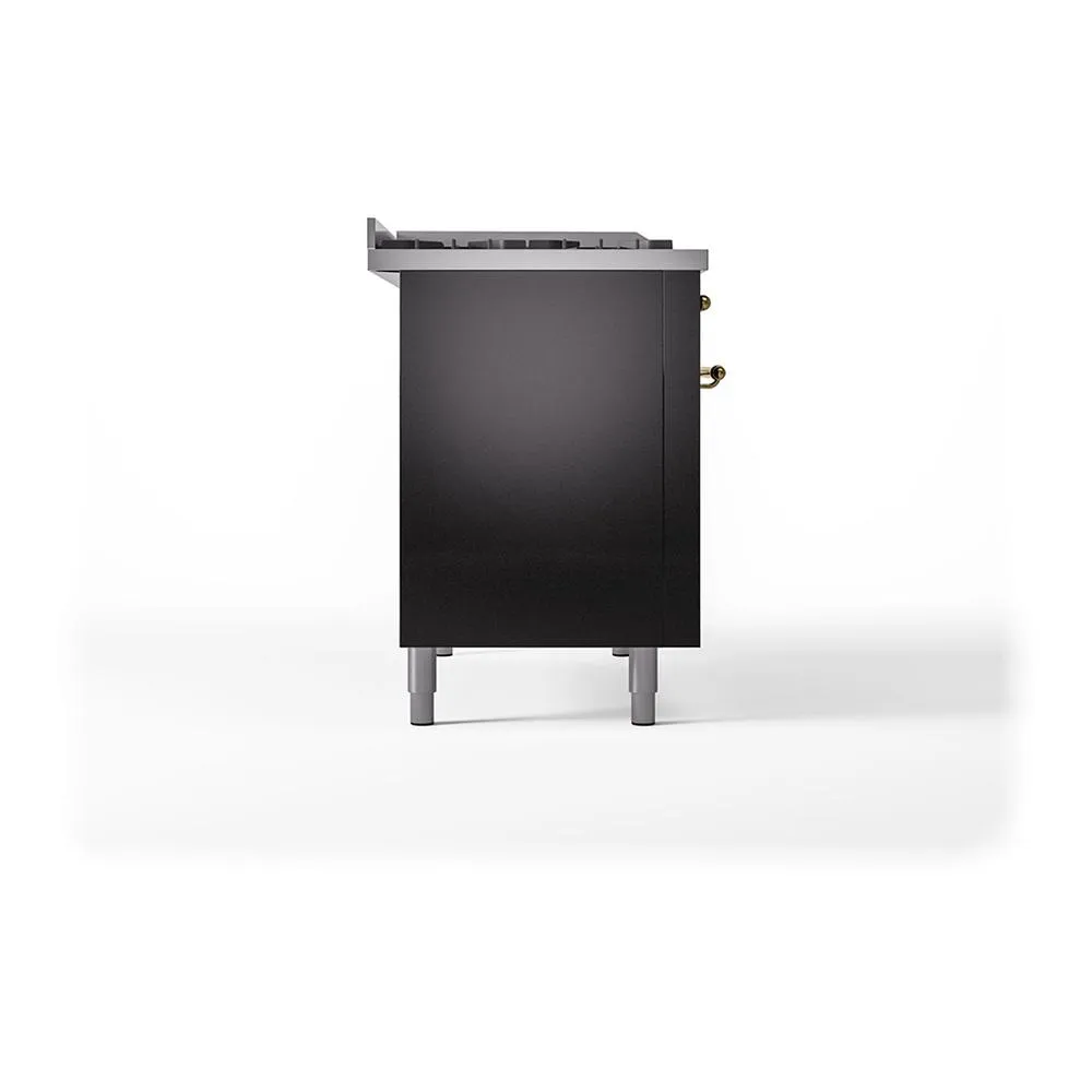 Ilve UN48FQNMPBKG Ilve Un48Fqnmpbkg Nostalgie Ii Noblesse 48" Dual Fuel Range (8 Sealed Burners   Griddle, Natural Gas, Solid Door, Glossy Black, Brass)