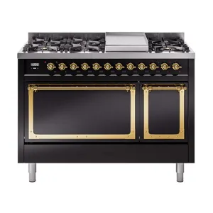 Ilve UN48FQNMPBKG Ilve Un48Fqnmpbkg Nostalgie Ii Noblesse 48" Dual Fuel Range (8 Sealed Burners   Griddle, Natural Gas, Solid Door, Glossy Black, Brass) Freestanding Ranges freestanding dual fuel range 30 inch