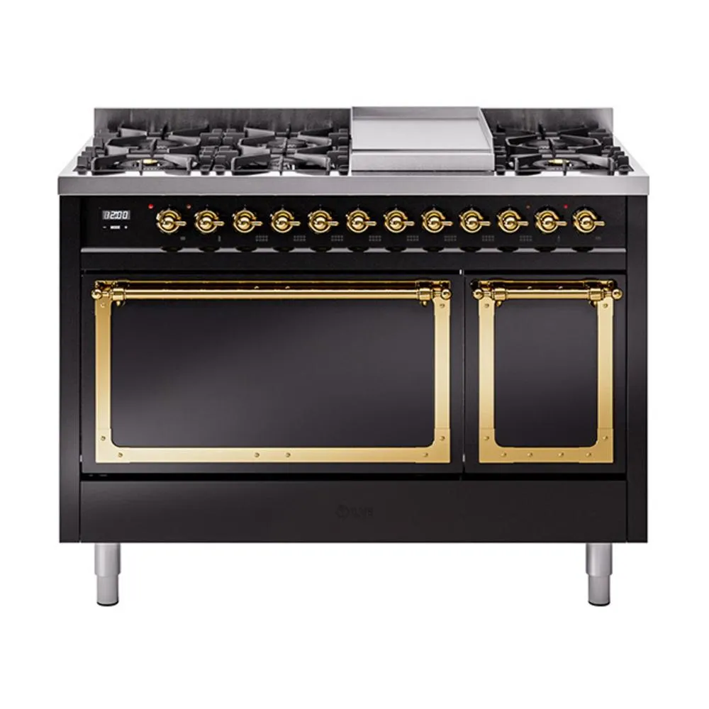 Ilve UN48FQNMPBKG Ilve Un48Fqnmpbkg Nostalgie Ii Noblesse 48" Dual Fuel Range (8 Sealed Burners   Griddle, Natural Gas, Solid Door, Glossy Black, Brass) Freestanding Ranges freestanding dual fuel range 30 inch
