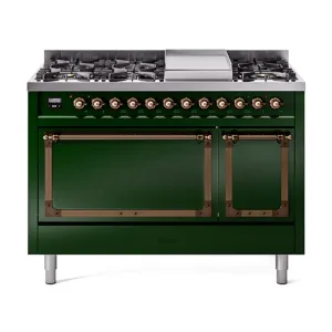 Ilve UN48FQNMPEGBLP Ilve Un48Fqnmpegblp Nostalgie Ii Noblesse 48" Dual Fuel Range (8 Sealed Burners   Griddle, Liquid Propane, Solid Door, Emerald Green, Burnished) Freestanding Ranges freestanding dual fuel range 30 inch