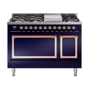 Ilve UN48FQNMPMBPLP Ilve Un48Fqnmpmbplp Nostalgie Ii Noblesse 48" Dual Fuel Range (8 Sealed Burners   Griddle, Liquid Propane, Solid Door, Midnight Blue, Copper) Freestanding Ranges freestanding dual fuel range 30 inch
