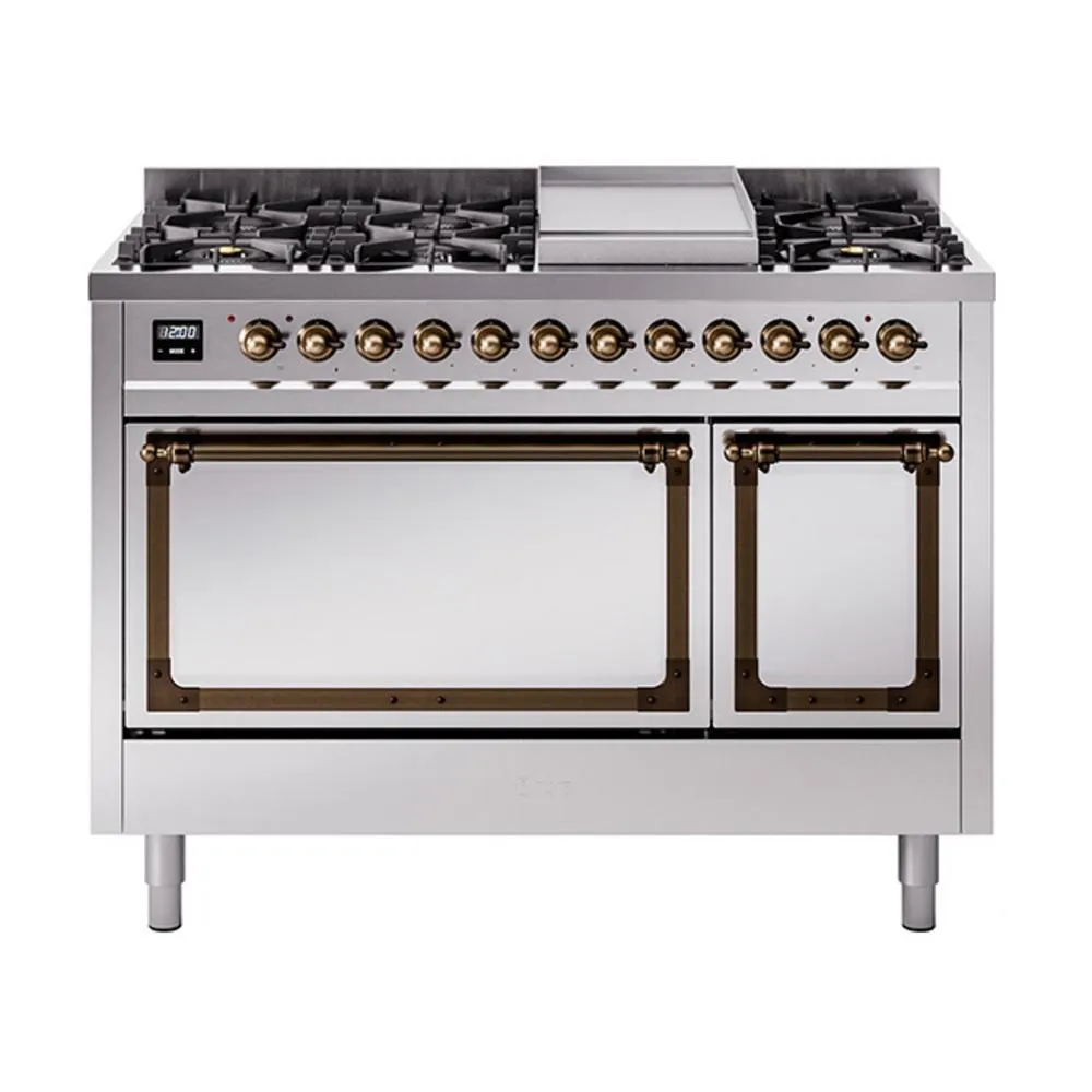 Ilve UN48FQNMPSSBLP Ilve Un48Fqnmpssblp Nostalgie Ii Noblesse 48" Dual Fuel Range (8 Sealed Burners   Griddle, Liquid Propane, Solid Door, Stainless Steel, Burnished) Freestanding Ranges freestanding dual fuel range 30 inch