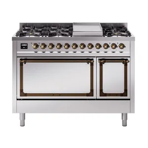 Ilve UN48FQNMPSSBLP Ilve Un48Fqnmpssblp Nostalgie Ii Noblesse 48" Dual Fuel Range (8 Sealed Burners   Griddle, Liquid Propane, Solid Door, Stainless Steel, Burnished) Freestanding Ranges freestanding dual fuel range 30 inch