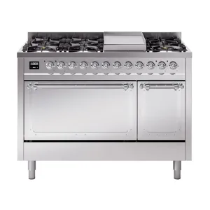 Ilve UN48FQNMPSSC Ilve Un48Fqnmpssc Nostalgie Ii Noblesse 48" Dual Fuel Range (8 Sealed Burners   Griddle, Natural Gas, Solid Door, Stainless Steel, Chrome) Freestanding Ranges freestanding dual fuel range 30 inch
