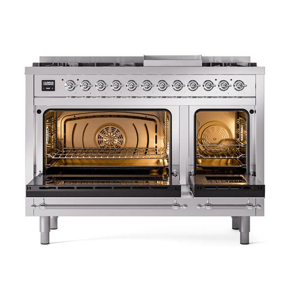 Ilve UN48FQNMPSSC Ilve Un48Fqnmpssc Nostalgie Ii Noblesse 48" Dual Fuel Range (8 Sealed Burners   Griddle, Natural Gas, Solid Door, Stainless Steel, Chrome)
